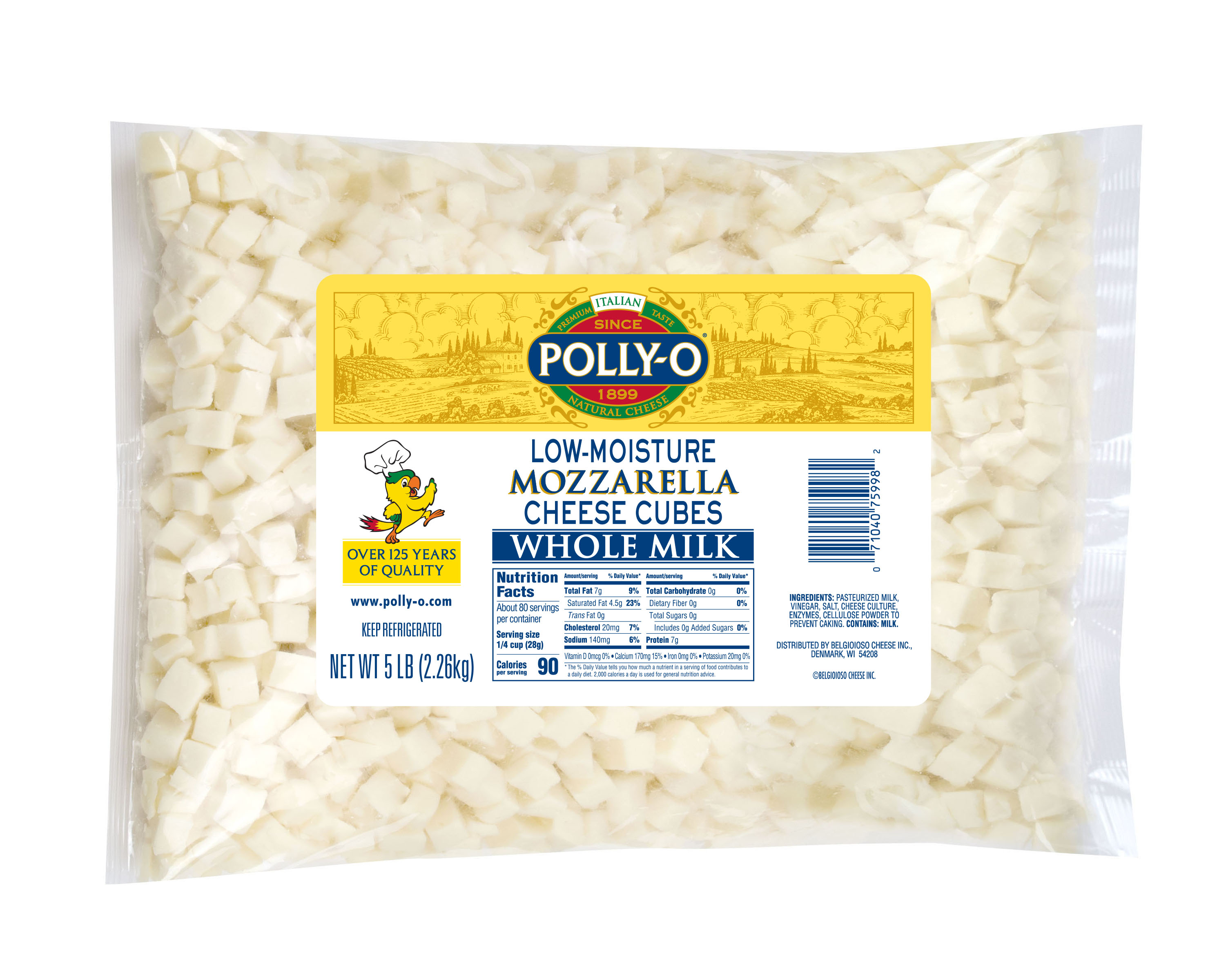 Low Moisture Whole Milk Mozzarella Cubed, 5 lb. Bag